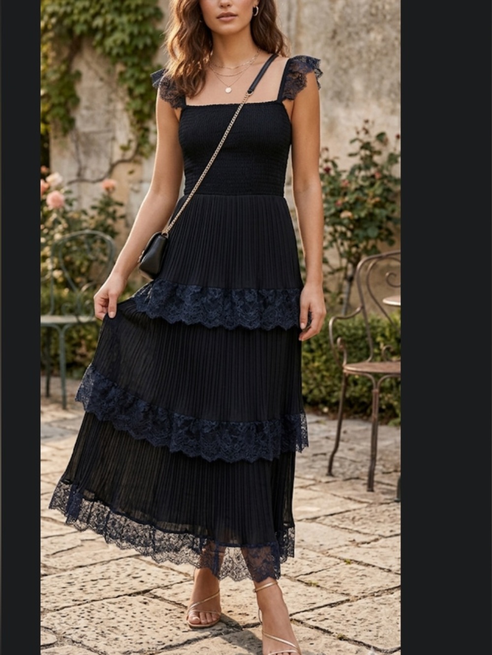Arula plisse Micro pleated Smocked maxi Lace Tiered dress Whimsigoth formal X/XL